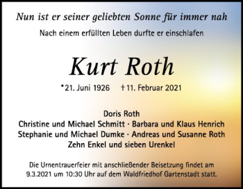 Traueranzeige von Kurt Roth von Mannheimer Morgen