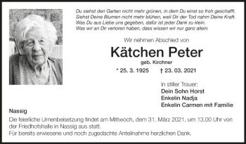 Traueranzeige von Kätchen Peter von Fränkische Nachrichten