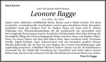 Traueranzeige von Leonore Ragge von Mannheimer Morgen