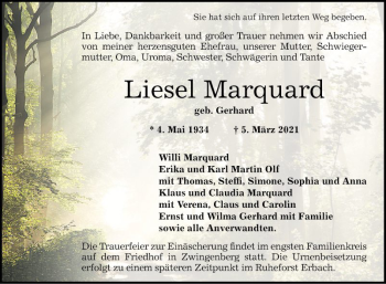 Traueranzeige von Liesel Marquard von Bergsträßer Anzeiger