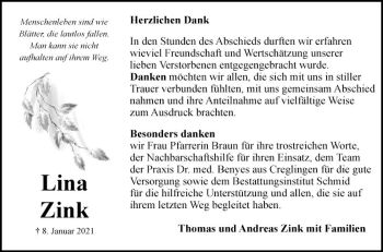 Traueranzeige von Lina Zink von Fränkische Nachrichten