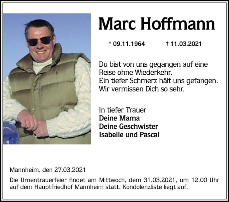  Traueranzeige für Marc Hoffmann vom 27.03.2021 aus Mannheimer Morgen
