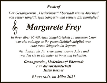 Traueranzeige von Margarete Frey von Fränkische Nachrichten