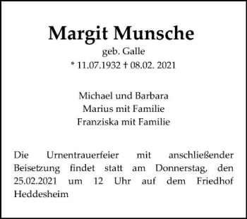 Traueranzeige von Margit Munsche von Mannheimer Morgen