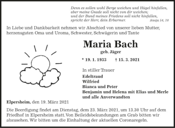 Traueranzeige von Maria Bach von Fränkische Nachrichten