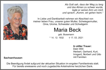 Traueranzeige von Maria Beck von Fränkische Nachrichten