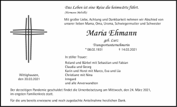 Traueranzeige von Maria Ehmann von Fränkische Nachrichten