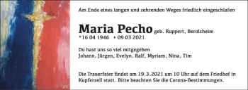 Traueranzeige von Maria Pecho von Fränkische Nachrichten