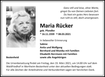 Traueranzeige von Maria Rücker von Fränkische Nachrichten