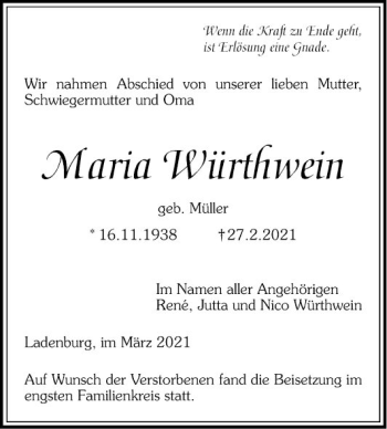 Traueranzeige von Maria Würthwein von Mannheimer Morgen