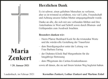 Traueranzeige von Maria Zenkert von Fränkische Nachrichten