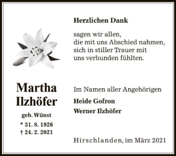 Traueranzeige von Martha Ilzhöfer von Fränkische Nachrichten