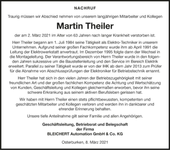 Traueranzeige von Martin Theiler von Fränkische Nachrichten