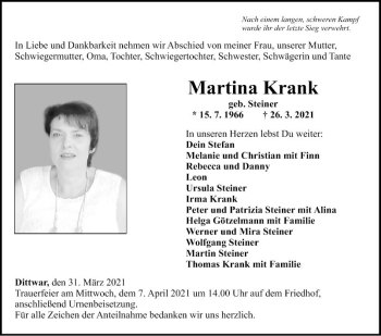 Traueranzeige von Martina Krank von Fränkische Nachrichten