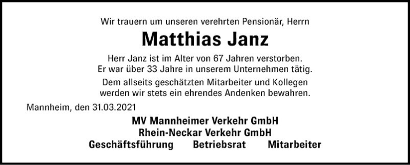  Traueranzeige für Matthias Janz vom 31.03.2021 aus Mannheimer Morgen