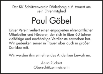 Traueranzeige von Paul Göbel von Fränkische Nachrichten