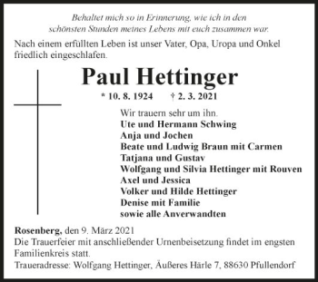 Traueranzeige von Paul Hettinger von Fränkische Nachrichten