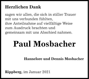 Traueranzeige von Paul Mosbacher von Fränkische Nachrichten