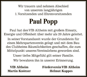 Traueranzeige von Paul Popp von Fränkische Nachrichten