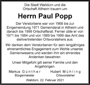 Traueranzeige von Paul Popp von Fränkische Nachrichten