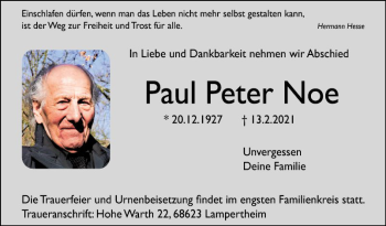 Traueranzeige von Paul Peter Noe von Südhessen Morgen