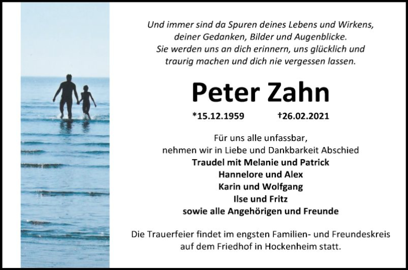  Traueranzeige für Peter Zahn vom 06.03.2021 aus Schwetzinger Zeitung