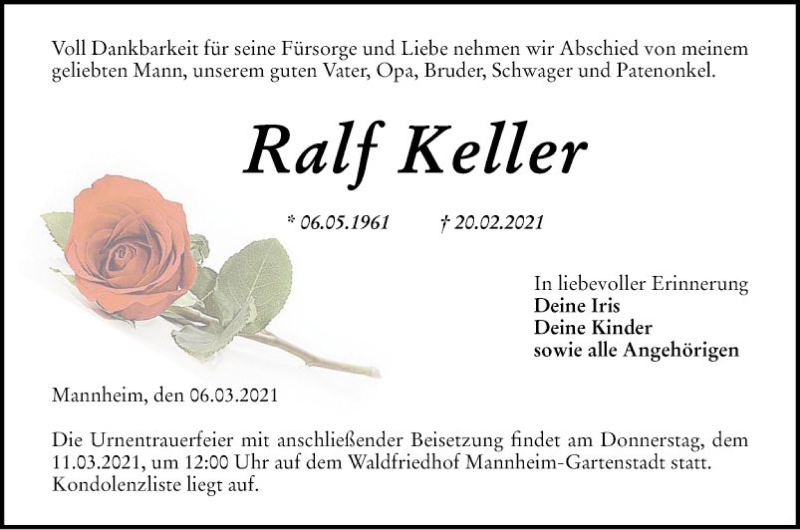  Traueranzeige für Ralf Keller vom 06.03.2021 aus Mannheimer Morgen