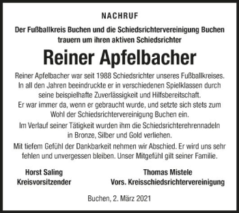 Traueranzeige von Reiner Apfelbacher von Fränkische Nachrichten