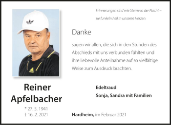 Traueranzeige von Reiner Apfelbacher von Fränkische Nachrichten