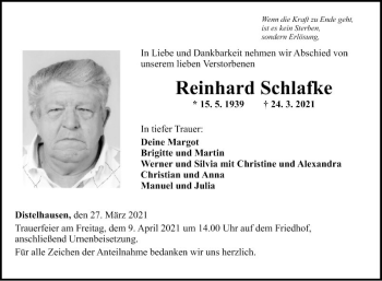 Traueranzeige von Reinhard Schlaflke von Fränkische Nachrichten