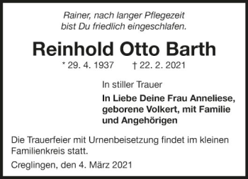 Traueranzeige von Reinhold Otto Barth von Fränkische Nachrichten