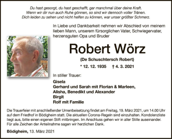 Traueranzeige von Robert Wörz von Fränkische Nachrichten