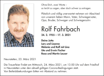 Traueranzeige von Rolf Fahrbach von Fränkische Nachrichten