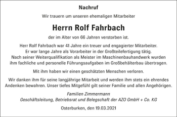 Traueranzeige von Rolf Fahrbach von Fränkische Nachrichten