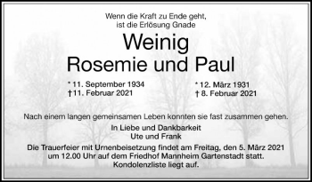 Traueranzeige von Rosemie Weinig von Mannheimer Morgen