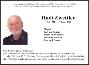 Traueranzeige von Rudi Zwettler von Fränkische Nachrichten