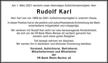 Traueranzeige von Rudolf Karl von Mannheimer Morgen