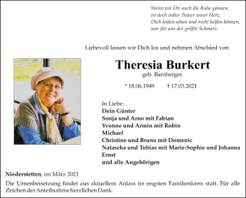 Traueranzeige von Theresia Burkert von Fränkische Nachrichten