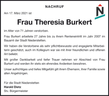 Traueranzeige von Theresia Burkert von Fränkische Nachrichten