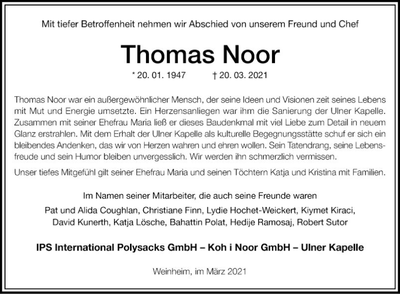  Traueranzeige für Thomas Noor vom 27.03.2021 aus Mannheimer Morgen