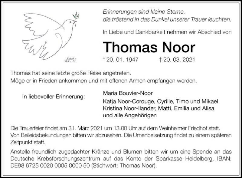  Traueranzeige für Thomas Noor vom 27.03.2021 aus Mannheimer Morgen