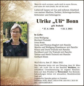 Traueranzeige von Ulrike Bonn von Fränkische Nachrichten