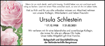 Traueranzeige von Ursula Schlestein von Bergsträßer Anzeiger