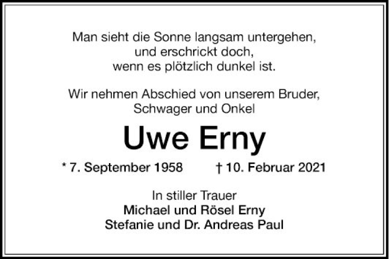  Traueranzeige für Uwe Erny vom 13.02.2021 aus Mannheimer Morgen