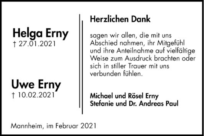  Traueranzeige für Uwe Erny vom 20.02.2021 aus Mannheimer Morgen