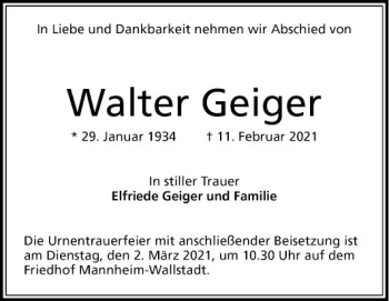 Traueranzeige von Walter Geiger von Mannheimer Morgen