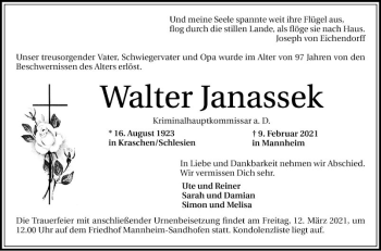 Traueranzeige von Walter Janassek von Mannheimer Morgen