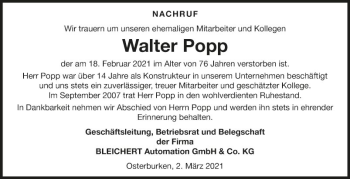 Traueranzeige von Walter Popp von Fränkische Nachrichten