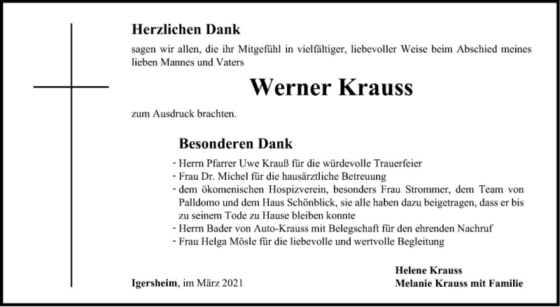  Traueranzeige für Werner Krauss vom 12.03.2021 aus Fränkische Nachrichten