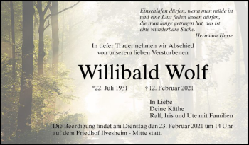 Traueranzeige von Willibald Wolf von Mannheimer Morgen